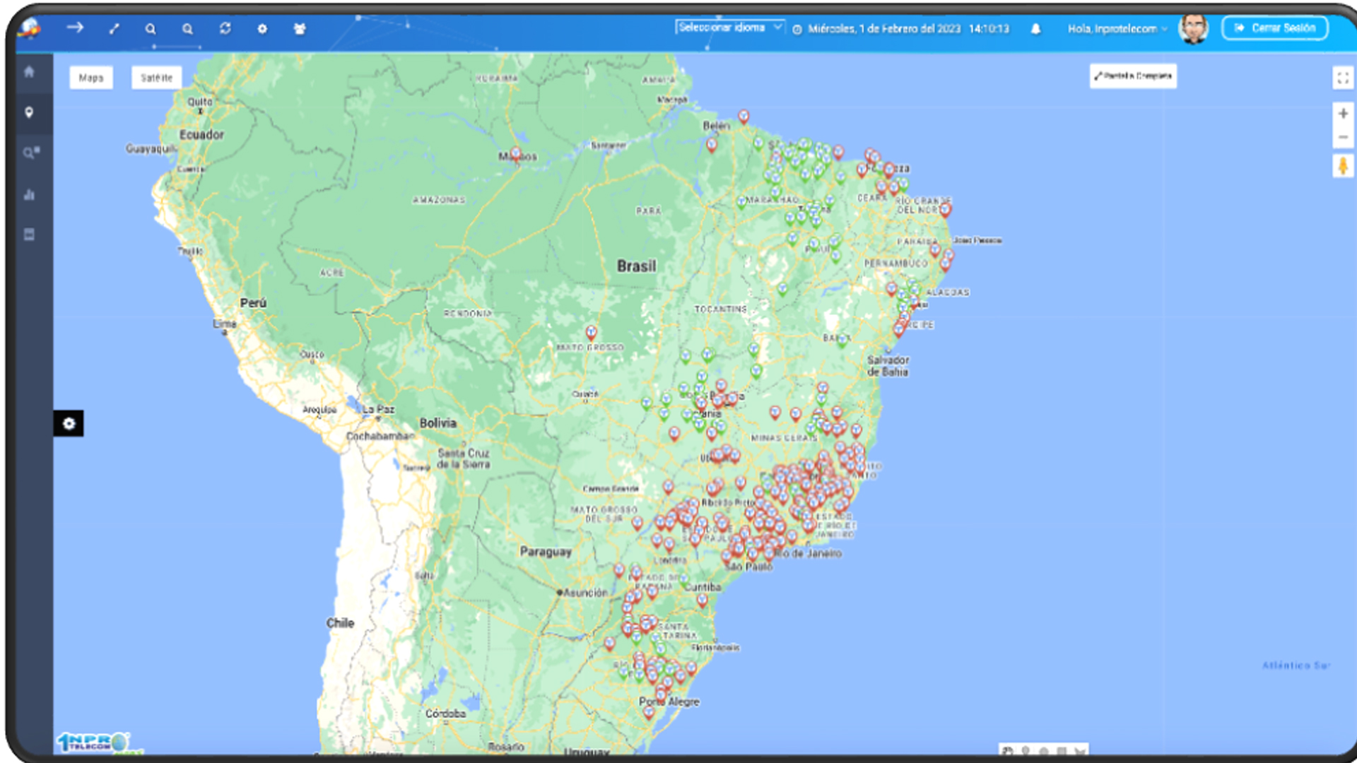 Mapa geoespacial de red con capas de inventario y sitios